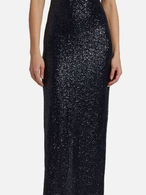 Naeem Khan Women's Blue Stretch Sequin Illusion-Neck Column Gown Dress Size 12